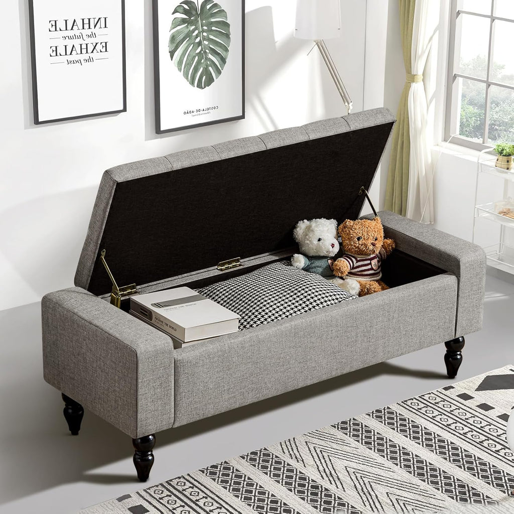 Storage Bench for End of Bed, 47 Inch Upholstered Storage Ottoman Bench with Removable Lid, Diamond Tufted Hidden Storage Bench for Bedroom, Entryway Bench with Solid Wood Legs, Gray