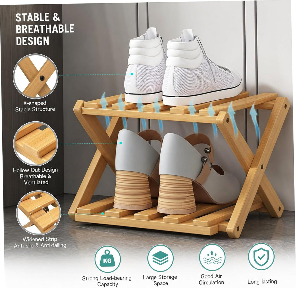Bamboo Shoe Rack, 2 Tier Foldable Shoe Rack Extendable, Skinny Narrow Organizer for Entryway Closet, Khaki