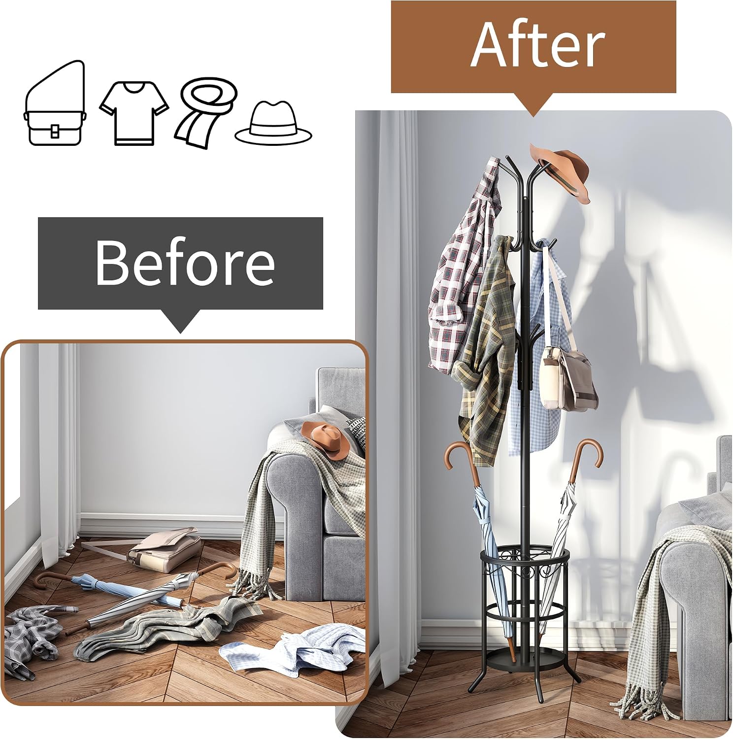 Coat Rack Freestanding with Umbrella Stand Coat Rack Stand with 12 Hooks Metal Coat Tree Coat and Hat Hanger Jacket Entryway(Black)