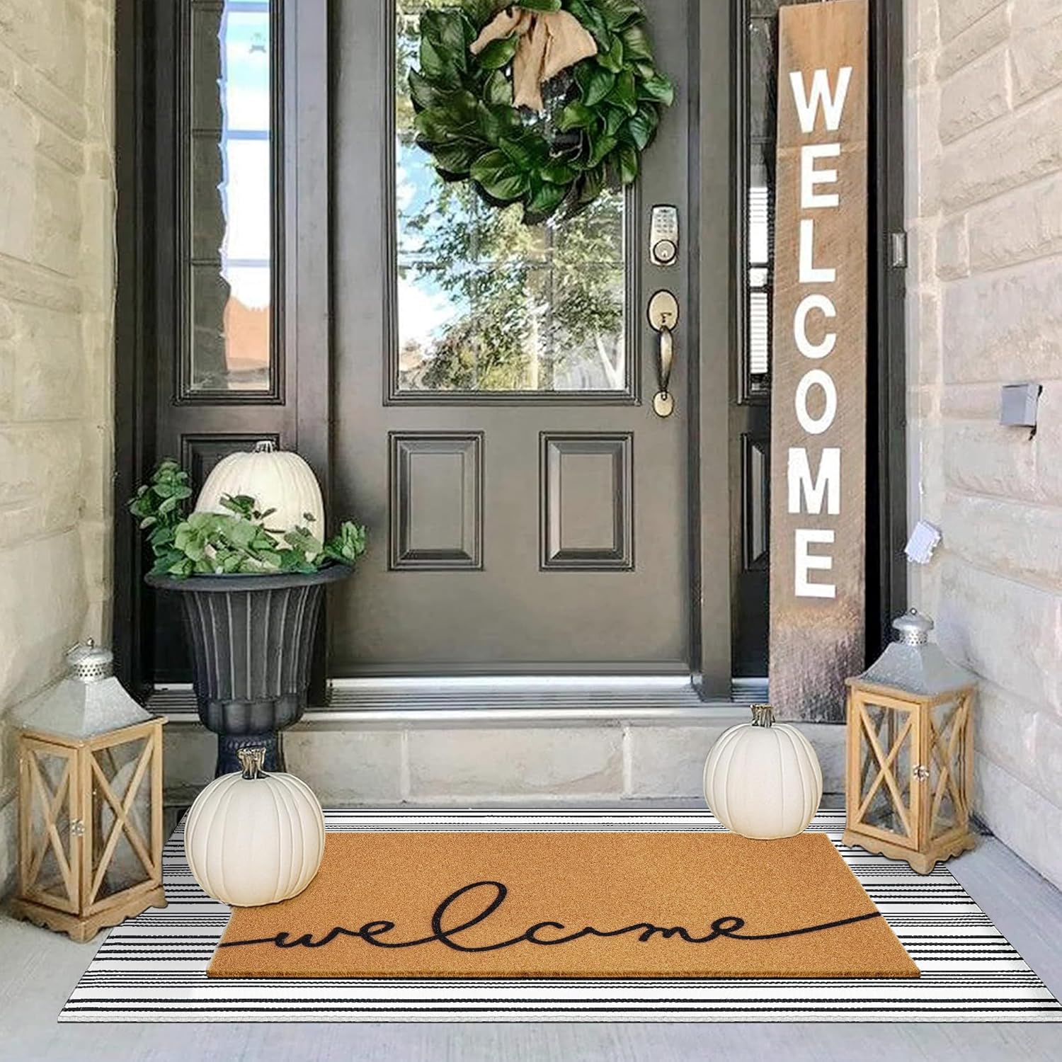 2 Pcs Summer Door Mat, Coco Coir Welcome Doormat with Black and White Striped Mats, Extra Thick & Non-Slip Backing for Farmhouse Front Porch Entryway, Seasonal Layered Porch Décor Floor Mat (Welcome)