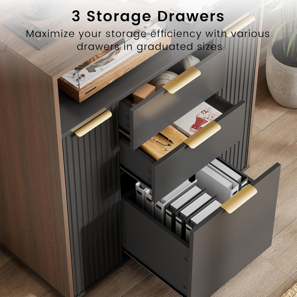 ModernMate Fluted Mobile Office File Cabinet with 3 Drawers, 37" Rolling Storage Cabinet with Charging Station, Small Printer Stand for Home Office, Black Walnut
