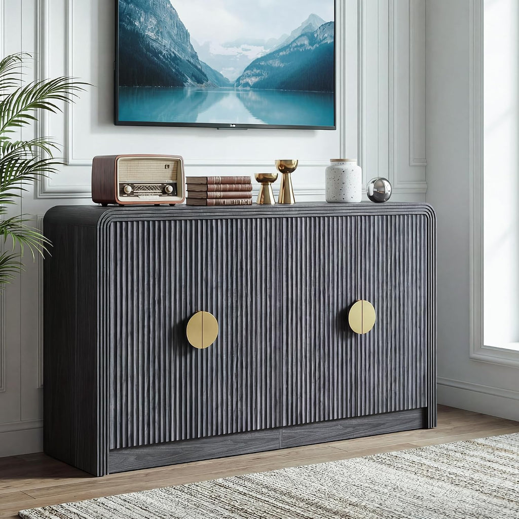 Decofy 55" Buffet Sideboard Cabinet, Mid Century Modern Console Cabinet with Wavy Grain Doors & Adjustable Shelves for Kitchen Cabinets, Living Room, Entryway, Coffee Bar Cabinet, Black Walnut