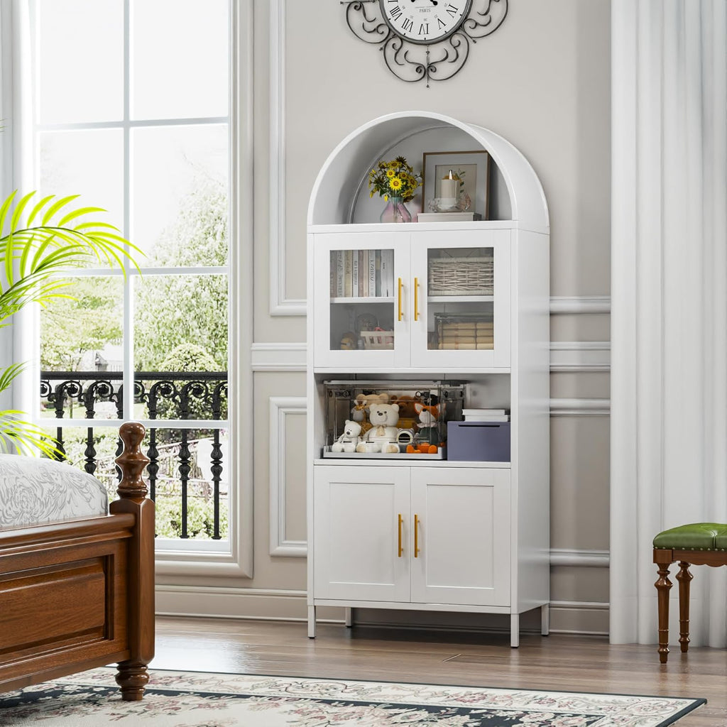 VEXPOR 73" Tall Arched Kitchen Pantry Cabinet with Doors, Metal Hutch Cabinet for Kitchen, Dining Room, Living Room, Assembly Required, White