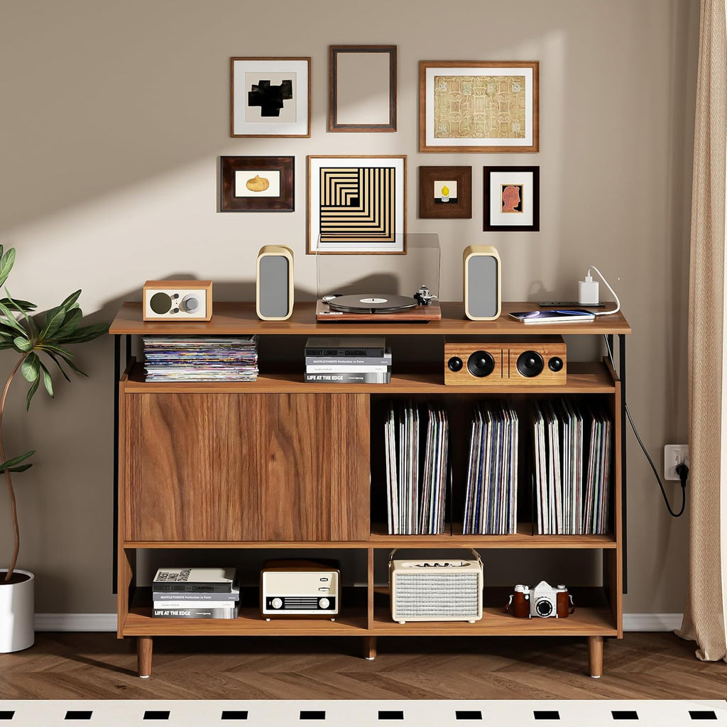 Large Record Player Stand with Charging Station, Vinyl Record Stand with Storage Holds Up to 150 Albums, Record Player Table Cabinet Turntable Stand for Living Room, Bedroom (Walnut)