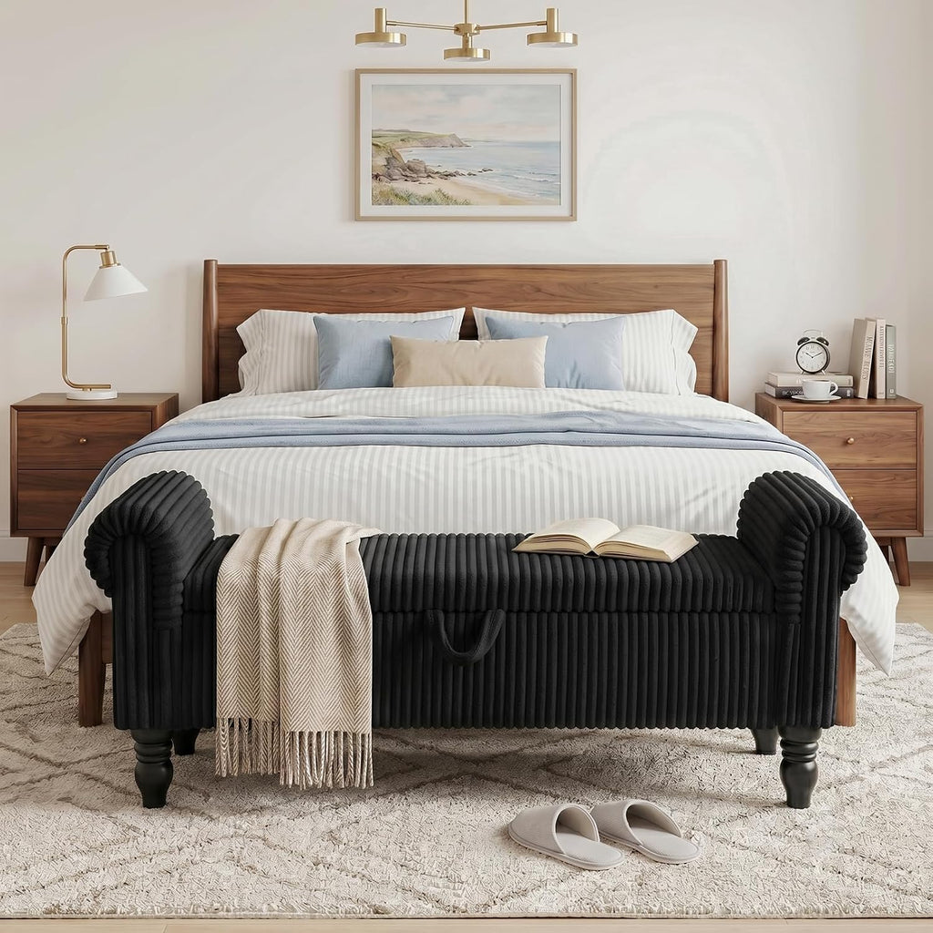 51.5" Corduroy Storage Bench, End of Bed Bench with Storage, Upholstered Bedroom Bench with Rolled Arm, Ottoman Bench for End of Bedroom, Living Room, Entryway (Black)