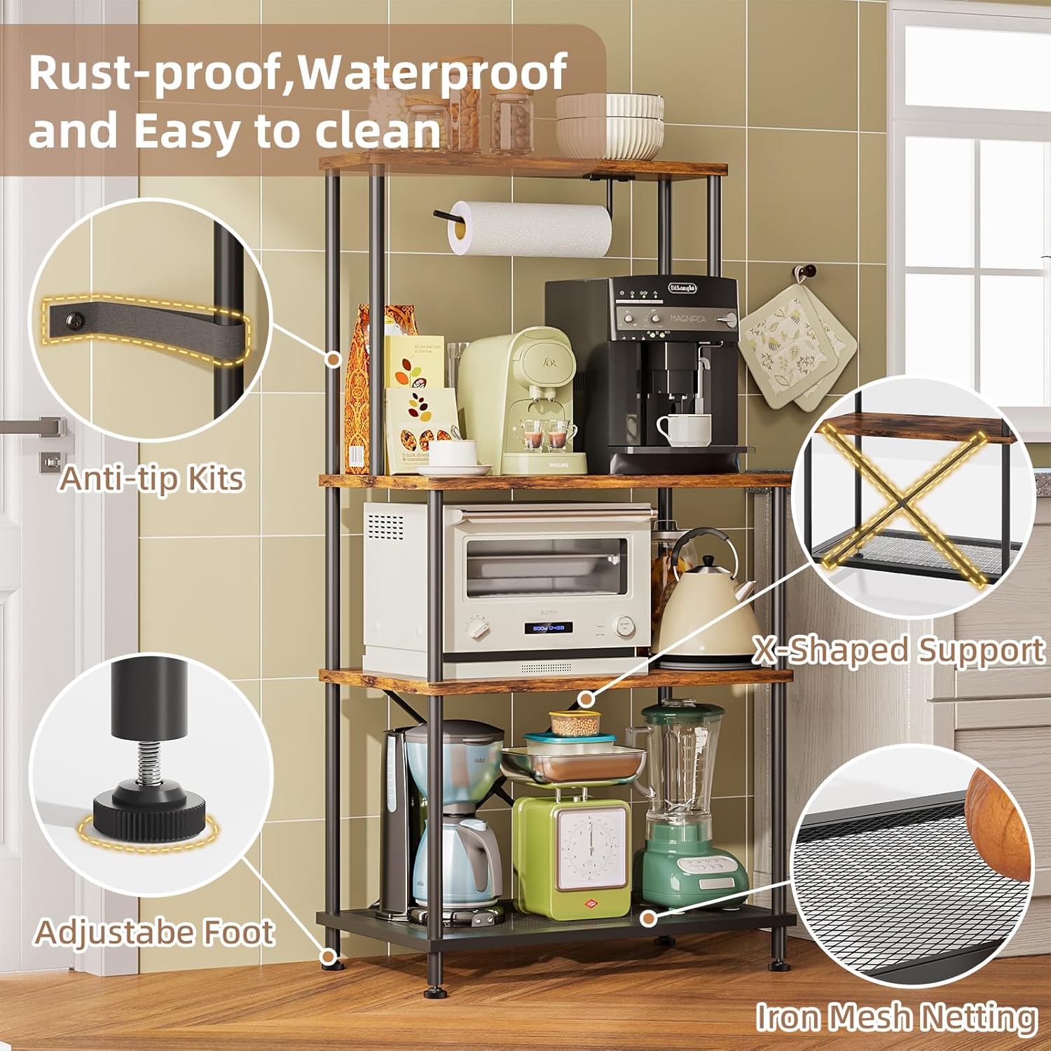 SUPERLELE 4-Tier Bakers Rack, Coffee Bar Table with Paper Holder, Rustic Brown Kitchen Storage Shelf Microwave Stand, Reinforced Industrial Standing Rack for Home Kitchen, 23.6 x 13 x 49.2 Inches