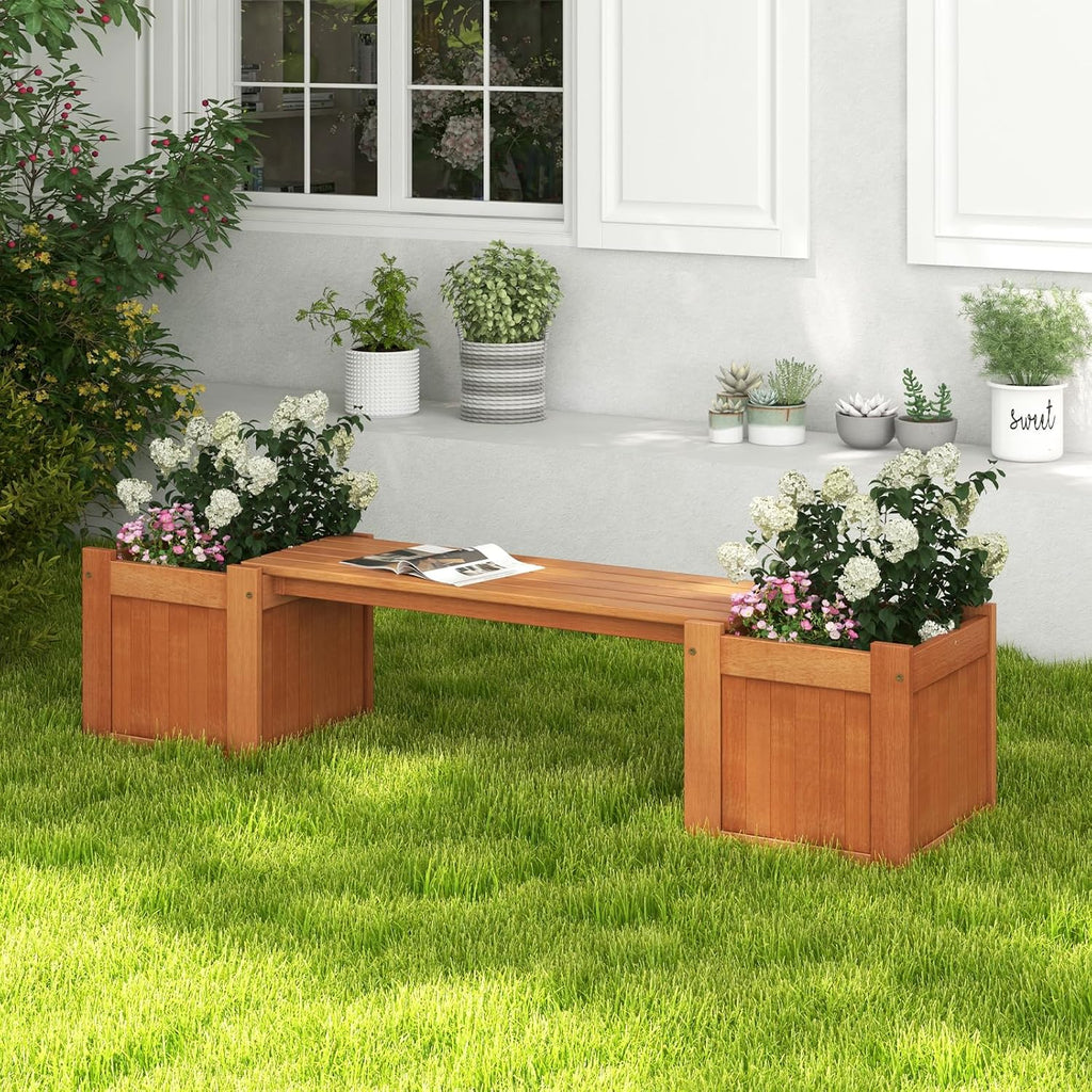 Planter Box Bench Outdoor, Wood Patio Bench with 2 Wood Planter Boxes, Raised Plant Container Garden Bench for Outdoor, Patio, Yard, Deck & Balcony