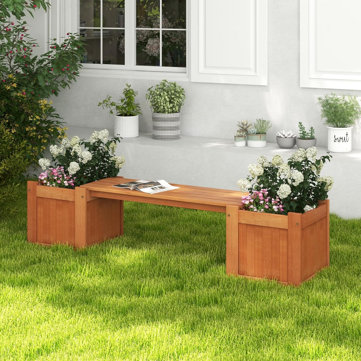 Planter Box Bench Outdoor, Wood Patio Bench with 2 Wood Planter Boxes, Raised Plant Container Garden Bench for Outdoor, Patio, Yard, Deck & Balcony