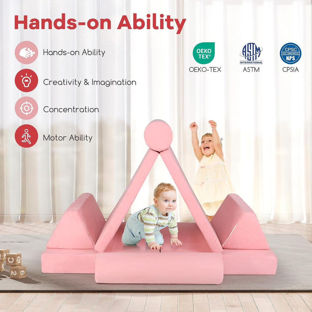 Costzon 8 Pcs Modular Kids Play Couch, Toddler Sectional Sofa Chair, Convertible Baby Pink Sofa & Floor Cushion, Bedroom & Playroom Furniture for Building Fort Gift for Boys Girls 3+ (Pink)