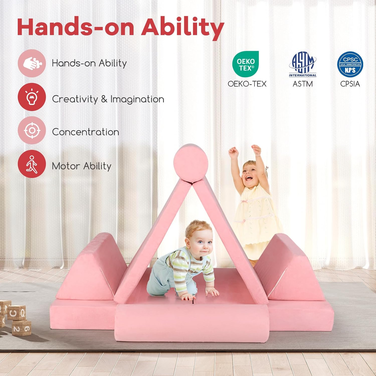Costzon 8 Pcs Modular Kids Play Couch, Toddler Sectional Sofa Chair, Convertible Baby Pink Sofa & Floor Cushion, Bedroom & Playroom Furniture for Building Fort Gift for Boys Girls 3+ (Pink)