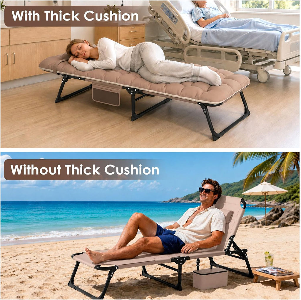 Suteck Tanning Chair with Face Hole, Folding Beach Lounge Chairs, Beige | Adjustable 5-Position Reclining Chaise, Removable Cushion & Pillow, Cooler Bag, 500Lbs Heavy-Duty for Outdoor Camping& Home