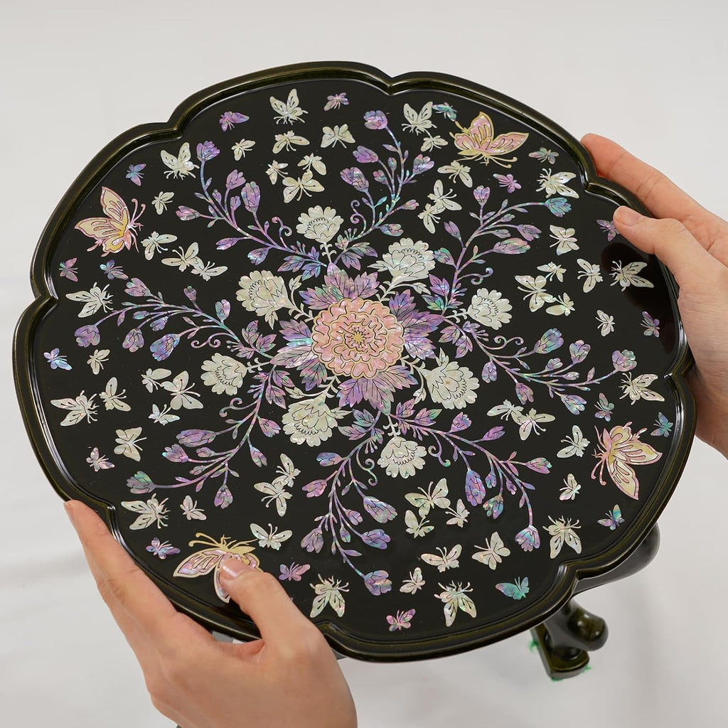February Mountain Mother of Pearl Tray Table – Round Tea Table with Floral Butterfly Inlay, Small Decorative Side Table for Living Room, Home Decor Accent (Black)