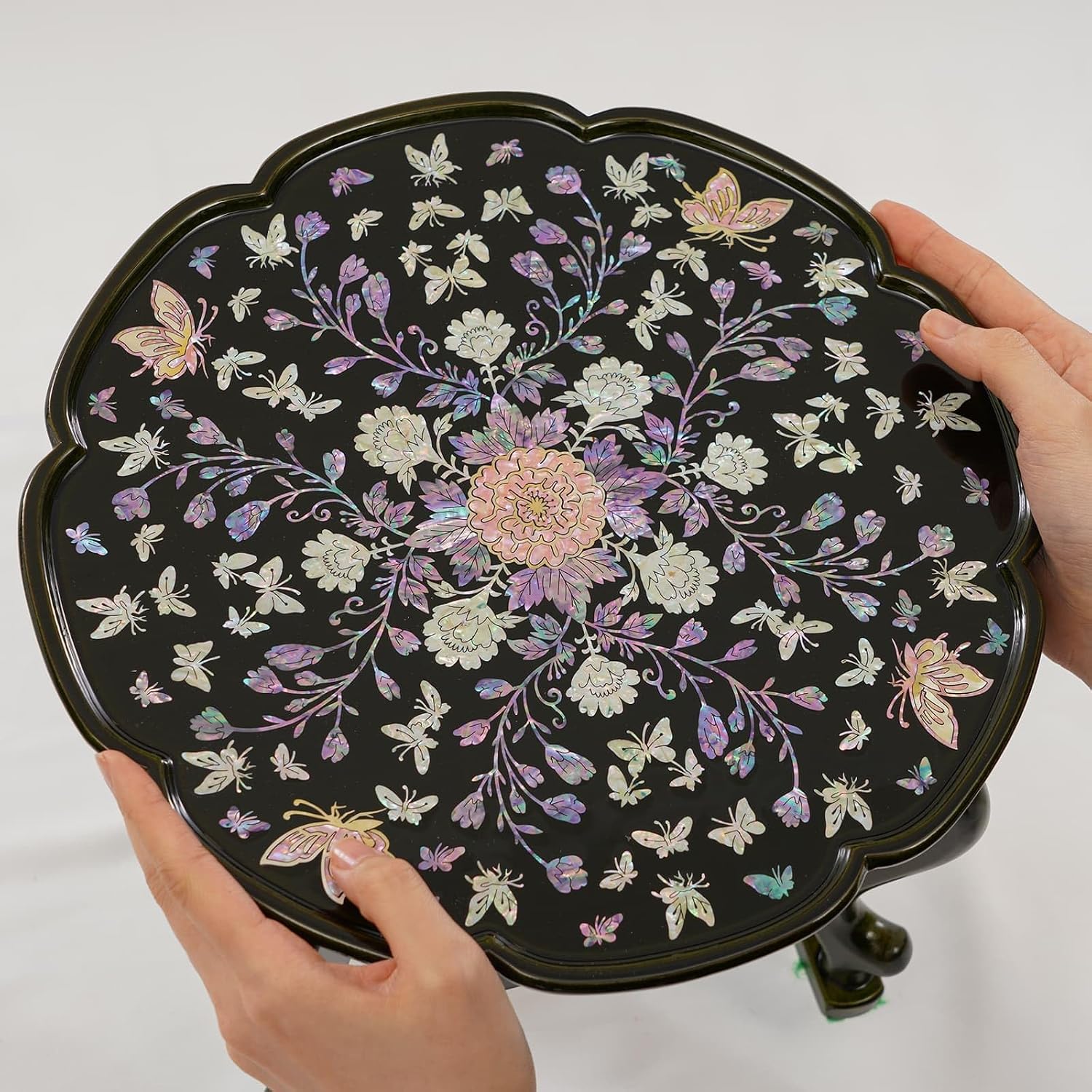 February Mountain Mother of Pearl Tray Table – Round Tea Table with Floral Butterfly Inlay, Small Decorative Side Table for Living Room, Home Decor Accent (Black)
