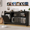 48" Record Player Stand with Flip-out Storage Cabinet, Holds 350+ Albums-Vinyl Record Table with Sliding Door & Adjustable Shelf, Modern Turntable Stand with Charging Station for Living Room Bedroom