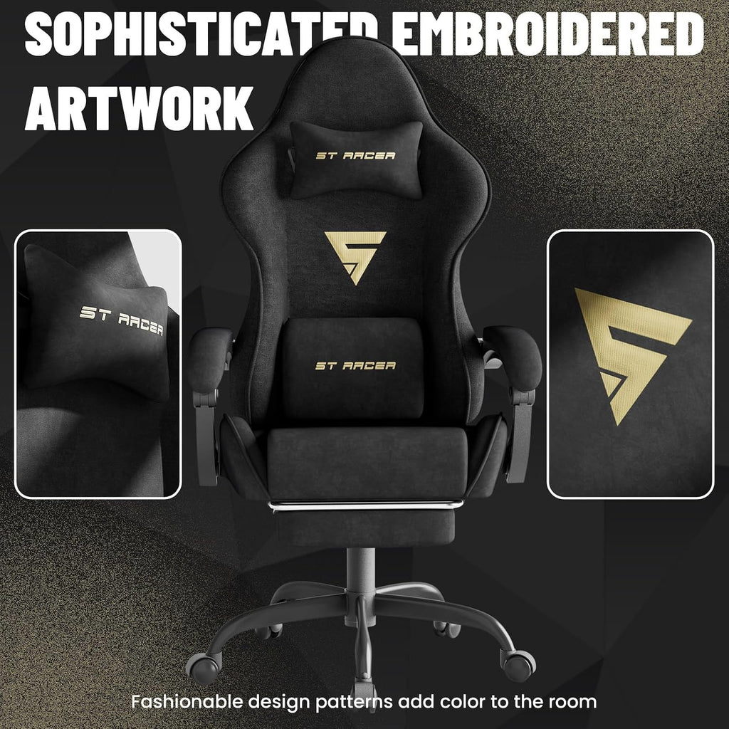 Ferghana Ergonomic Velvet Fabric Gaming Chair with Massage & Footrest, High Back Reclining Racing Computer Chair for Adults, Home Office Gaming Desk Chair, Black