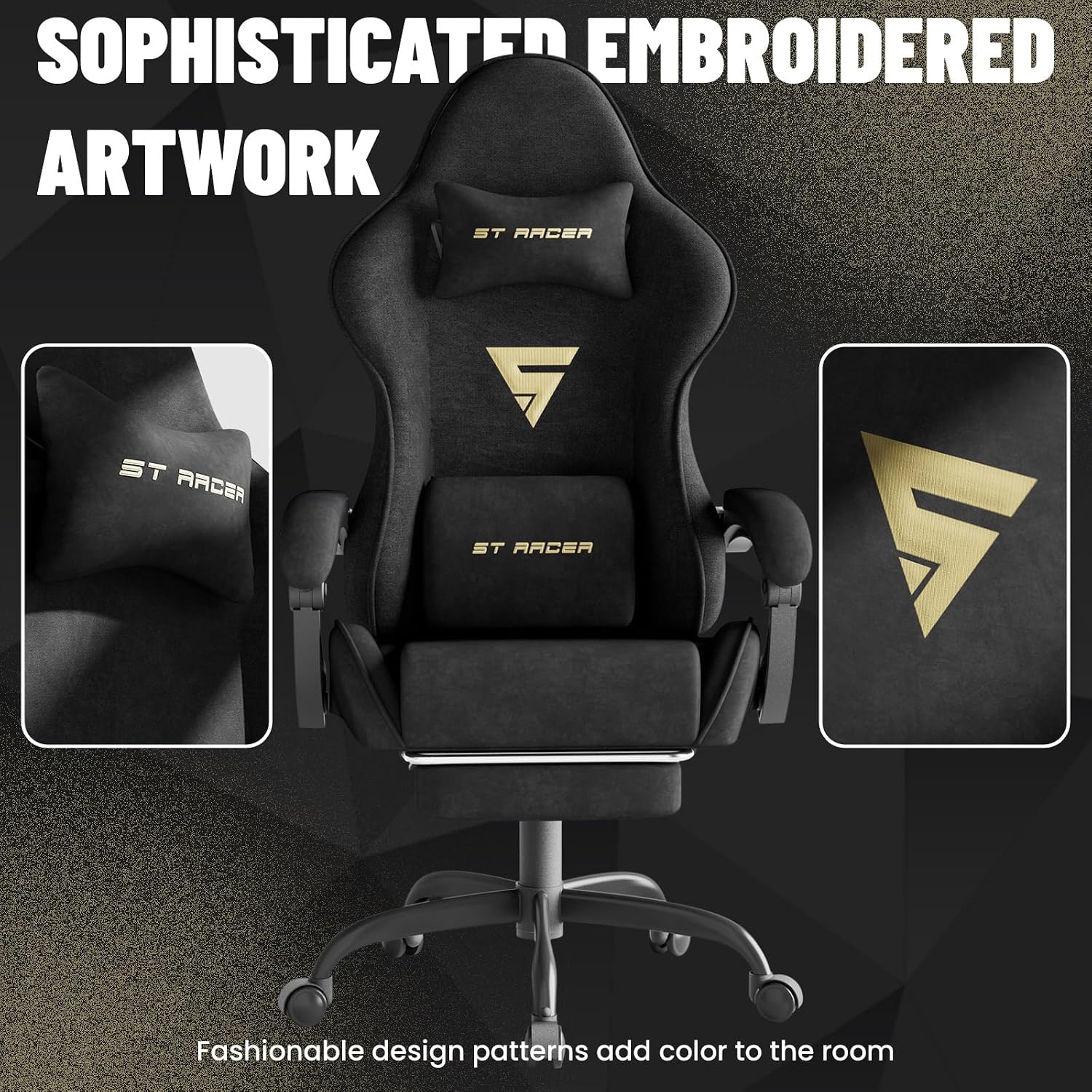 Ferghana Ergonomic Velvet Fabric Gaming Chair with Massage & Footrest, High Back Reclining Racing Computer Chair for Adults, Home Office Gaming Desk Chair, Black