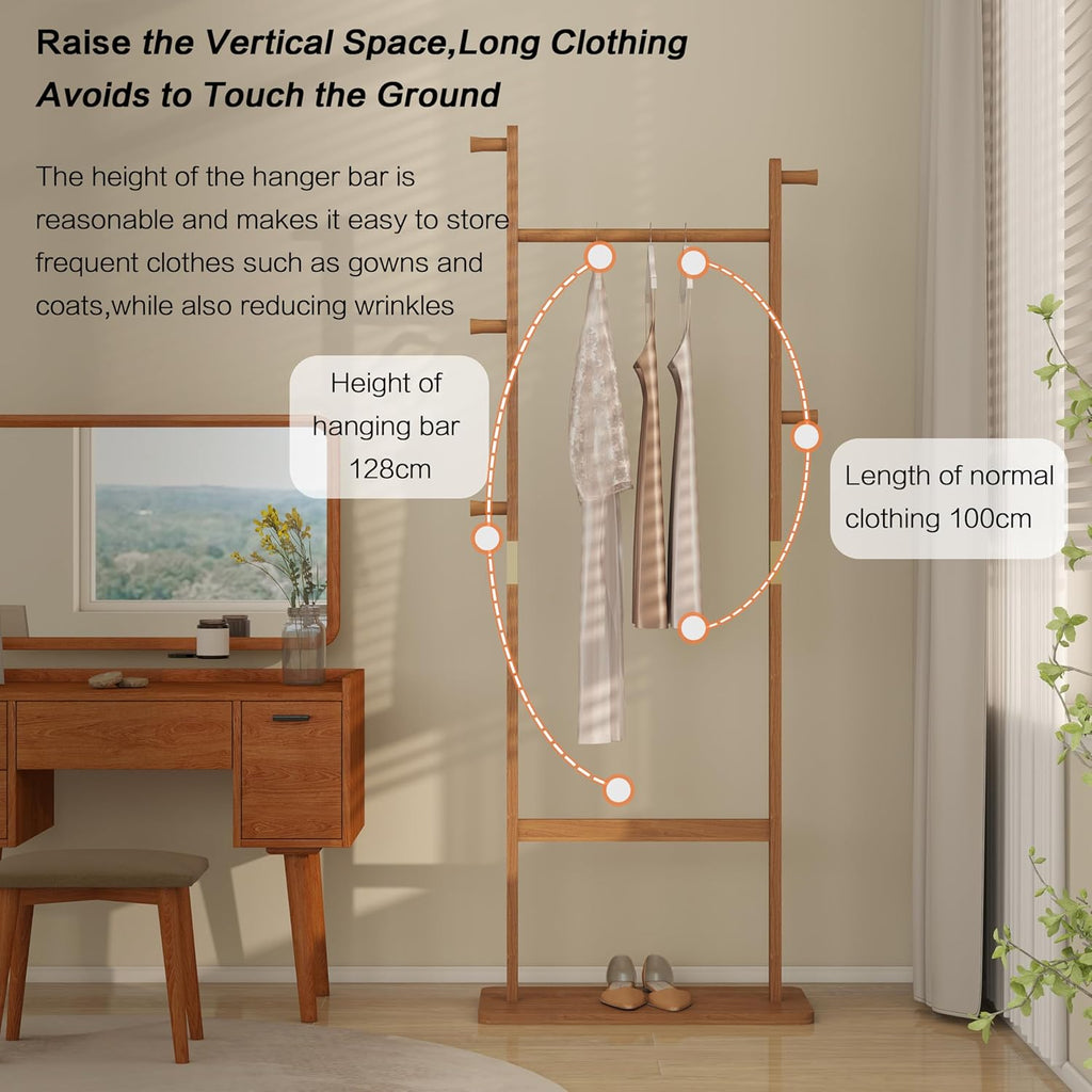 Solid Wood Coat Rack, Freestanding Clothing Hanging stand with 5 Hooks, Clothes Rack Coat Tree Stand Hat Hanger Rack Hall Tree for Entryway Hallway Organizer for Bedroom, Living Room, Burly Wood