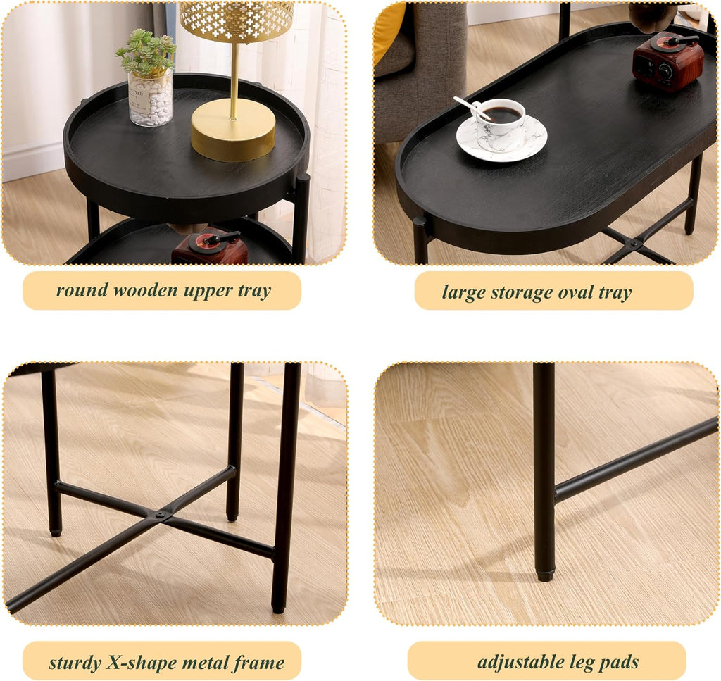 2-Tier Side Table, Metal & Wood Construction with Storage Shelf - Modern End Table for Living Room, Bedroom & Entryway,Black