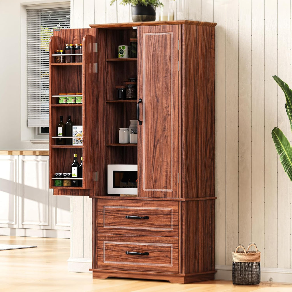 71" Kitchen Pantry with 2 Large Drawers,Embossed Texture Freestanding Cupboard with 8 Door Shelves and 3 Shelves,for Dining Room Living Room (Laundry Brown#i)