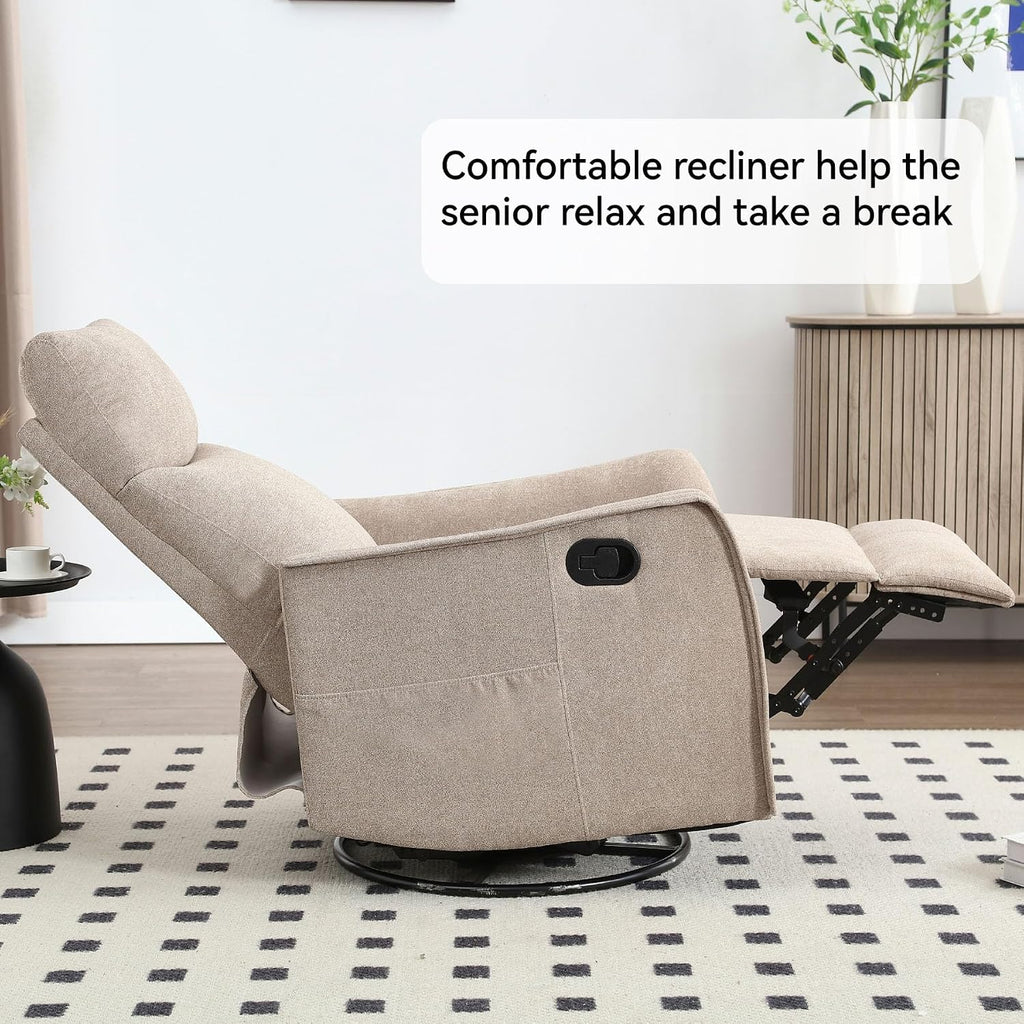 Rocker Recliner Chair for Adults, Swivel Rocker Recliner with Massage and Heat, Adjustable Glider Recliner Nursery Chair with Black Metal Base, Small Recliners for Small Spaces, Living Room (Khaki)