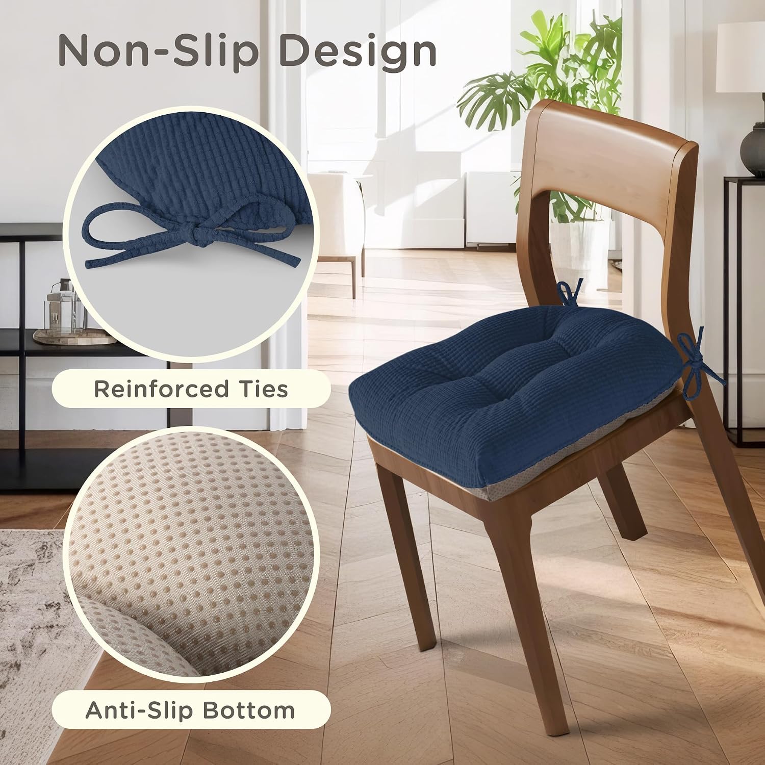 Kitchen Chair Cushions for Dining Chairs Set of 4, Tufted Kitchen Seat Cushions with Ties and Non-Slip Bottom 18"X16.5"X3" Dark Blue