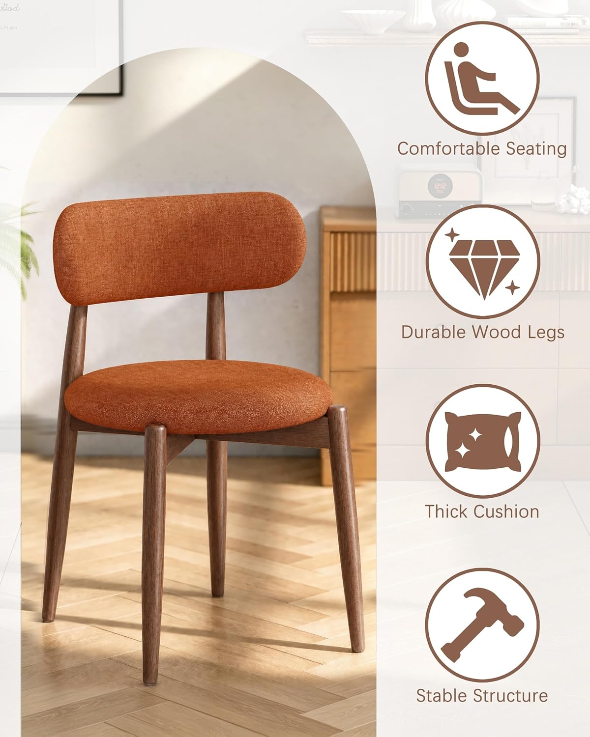 Wooden Dining Chairs Set of 4, Mid Century Modern Upholstered Kitchen Chairs with Solid Wood Legs, 350lb Heavy Duty Padded Side Chairs for Dining Room & Vanity, Orange