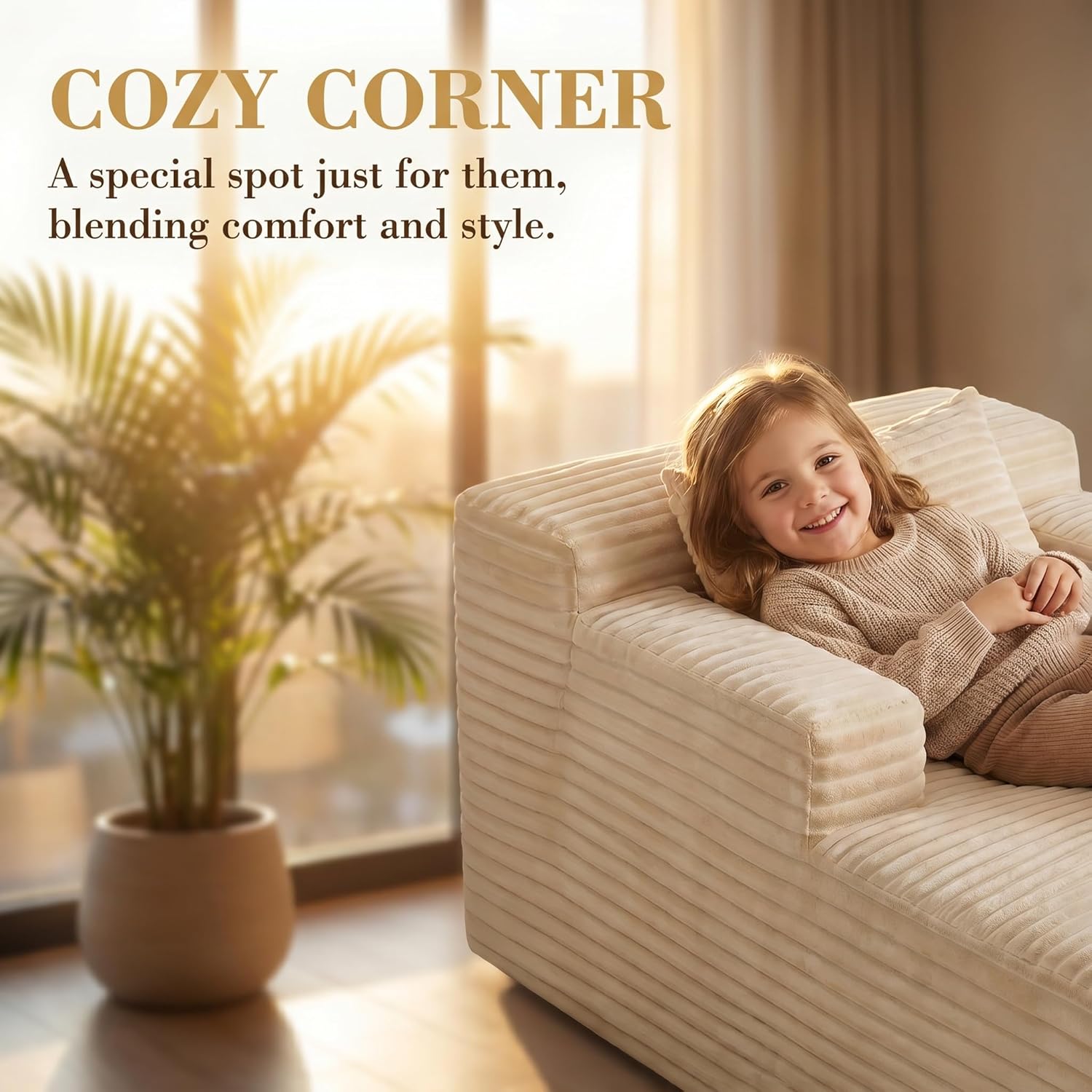 45" Mini Boneless Chaise Lounge Chair, Corduroy Upholstered Sofa Bed, Deep Seat Sleeper Couch, Small Comfy Cloud Couch for Living Room, Bedroom, Movie Room, Beige