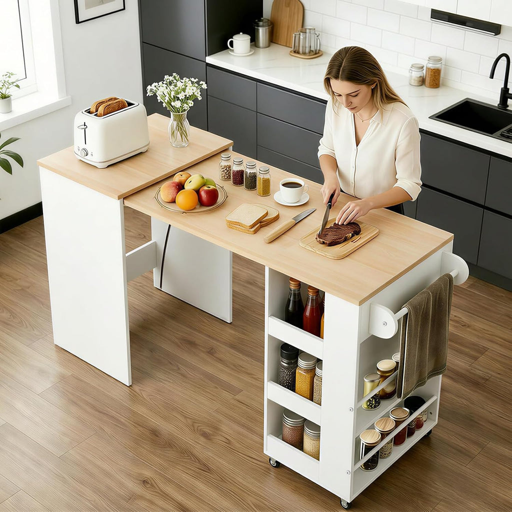 EROMMY 52" Extendable Kitchen Island with Faux Marble Top, Rolling Kitchen Cart with Pull-Out Dining Table, Spice Rack, Towel Bar, Mobile Breakfast Bar Station with Storage for Small Space (White)