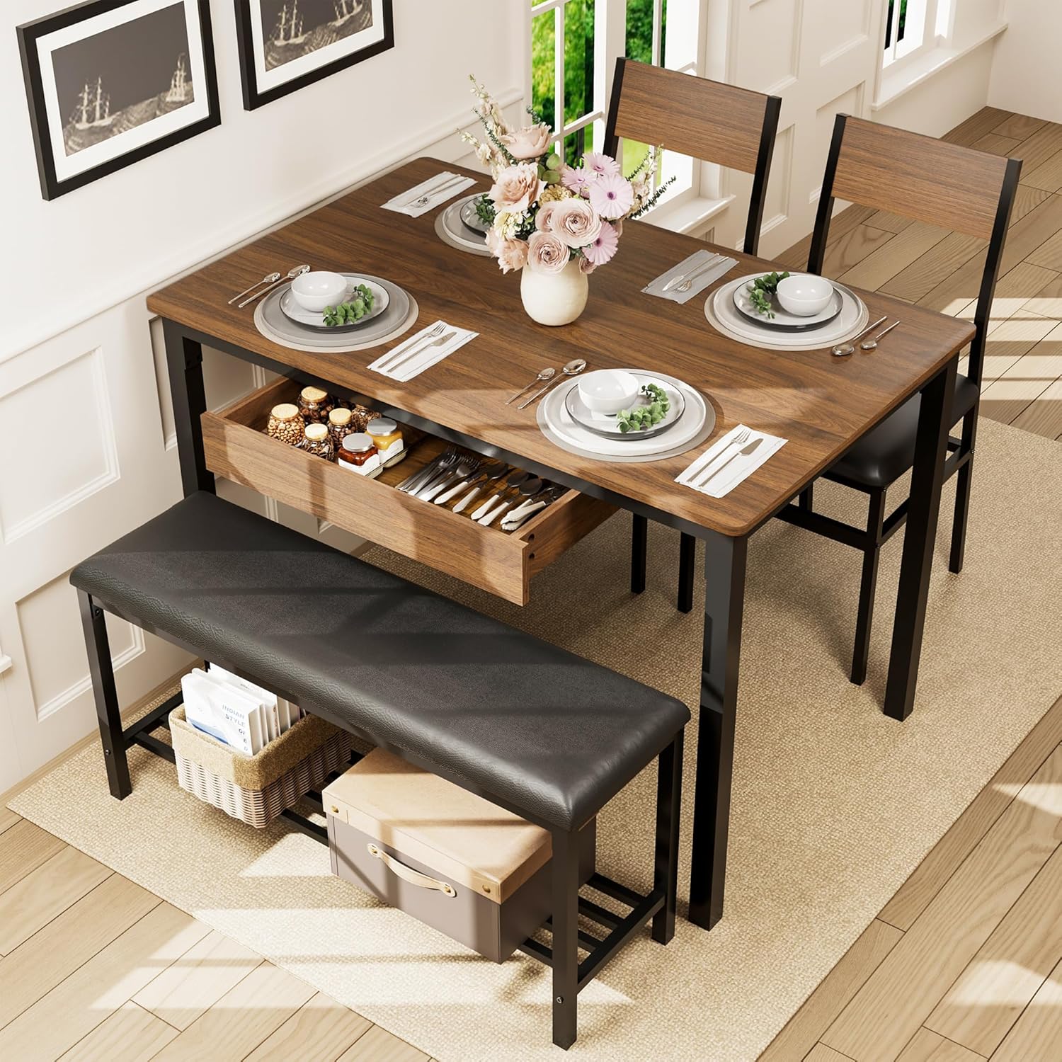 43.3" Dining Table Set for 4 with Drawer Storage, Dining Table with Chairs and Upholstered Bench, Lower Shelf, Space-Saving Wooden Table for Apartment, Kitchen, Dining Room