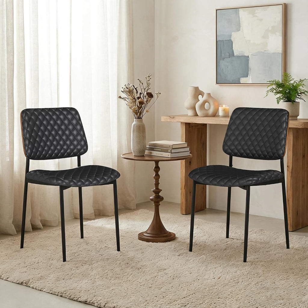 AODAILIHB Mid Century Modern Kitchen Chairs Set of 2, PU Leather Upholstered Dining Chairs with Walnut Bentwood Back, Sturdy Metal Legs & Adjustable Feet, Black