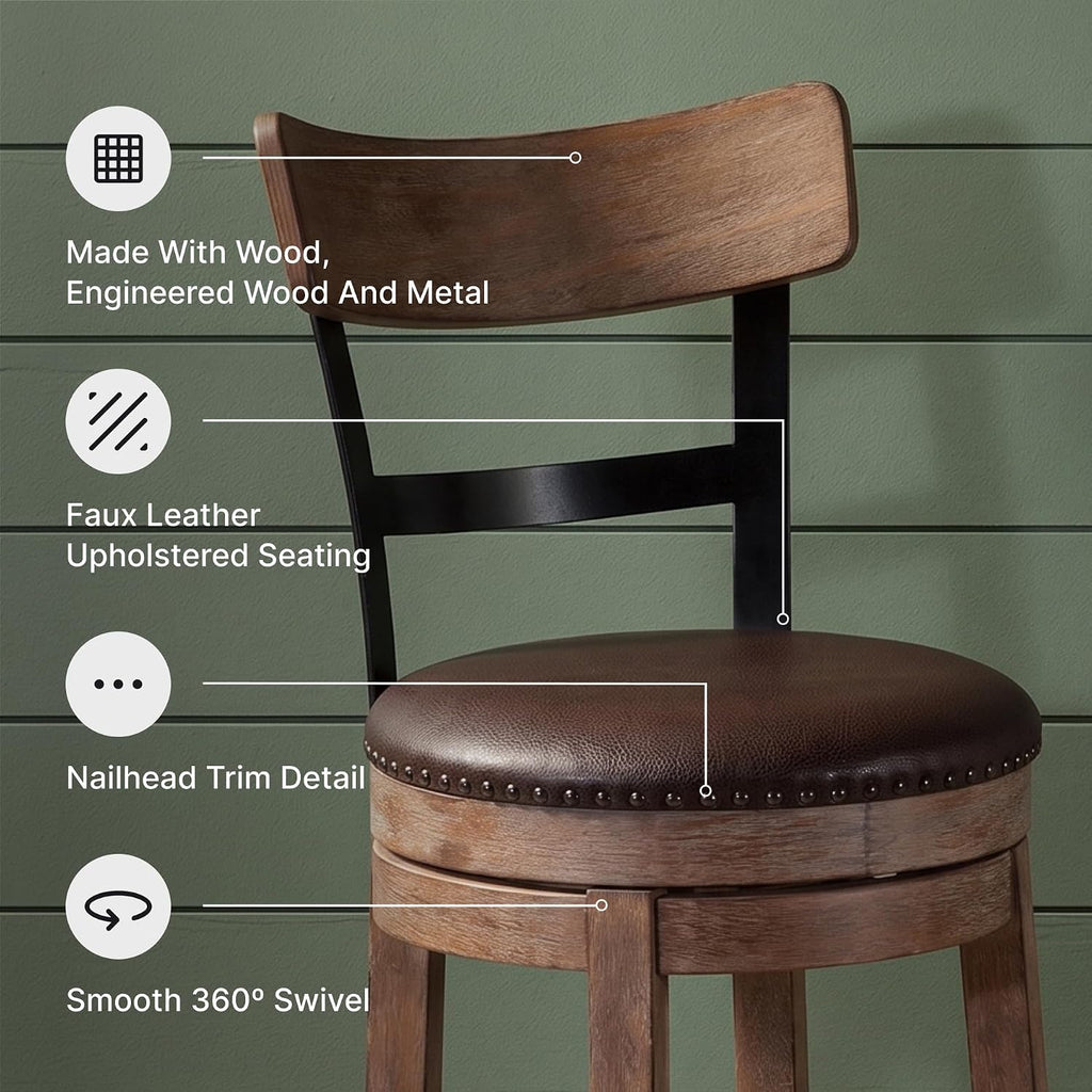 Signature Design by Ashley Pinnadel Bar Stool, Swivel Counter Height Stool Chair With Faux Leather Seat, Wood and Metal Frame for Kitchen Island With Seating, Light Brown