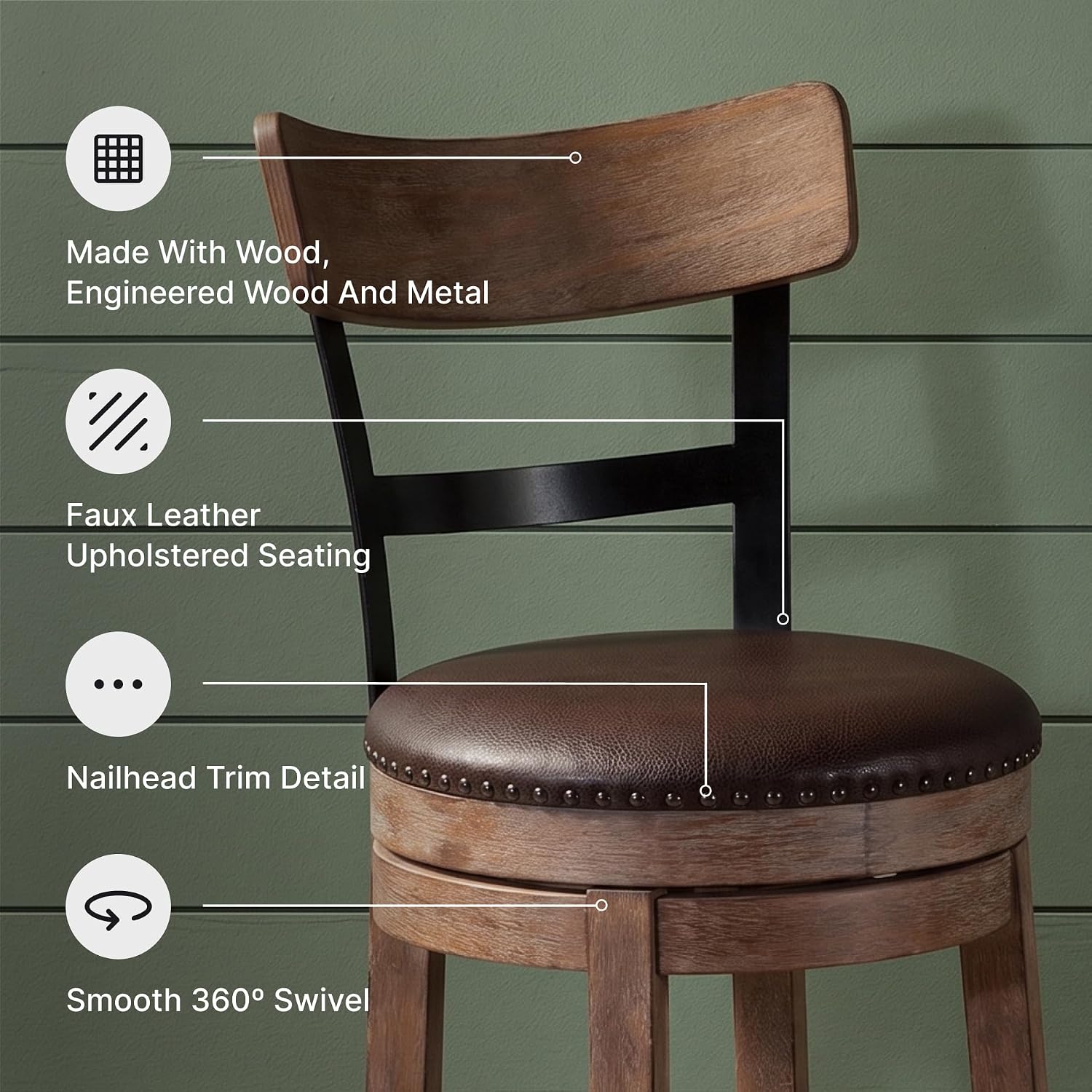 Signature Design by Ashley Pinnadel Bar Stool, Swivel Counter Height Stool Chair With Faux Leather Seat, Wood and Metal Frame for Kitchen Island With Seating, Light Brown