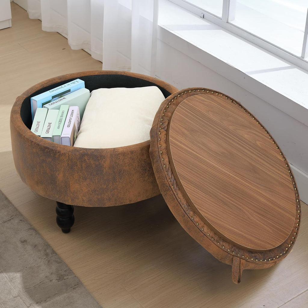 30 Inch PU Leather Round Storage Ottoman with Tray, Modern Upholstered Tufted Coffee Table with Storage, Large Ottoman Footrest Stool for Living Room, Bedroom, Dorm, Light Brown