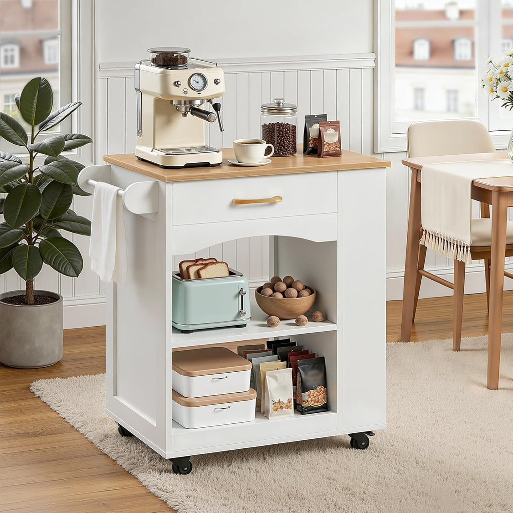 MAHANCRIS Kitchen Island, Mobile Kitchen Island Table with Drawer and Open Shelves, Kitchen Storage Island on Wheels, Rolling Kitchen Cart with 6 S-Shaped Hooks, for Kitchen White and Natural KIBN9901