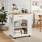 MAHANCRIS Kitchen Island, Mobile Kitchen Island Table with Drawer and Open Shelves, Kitchen Storage Island on Wheels, Rolling Kitchen Cart with 6 S-Shaped Hooks, for Kitchen White and Natural KIBN9901