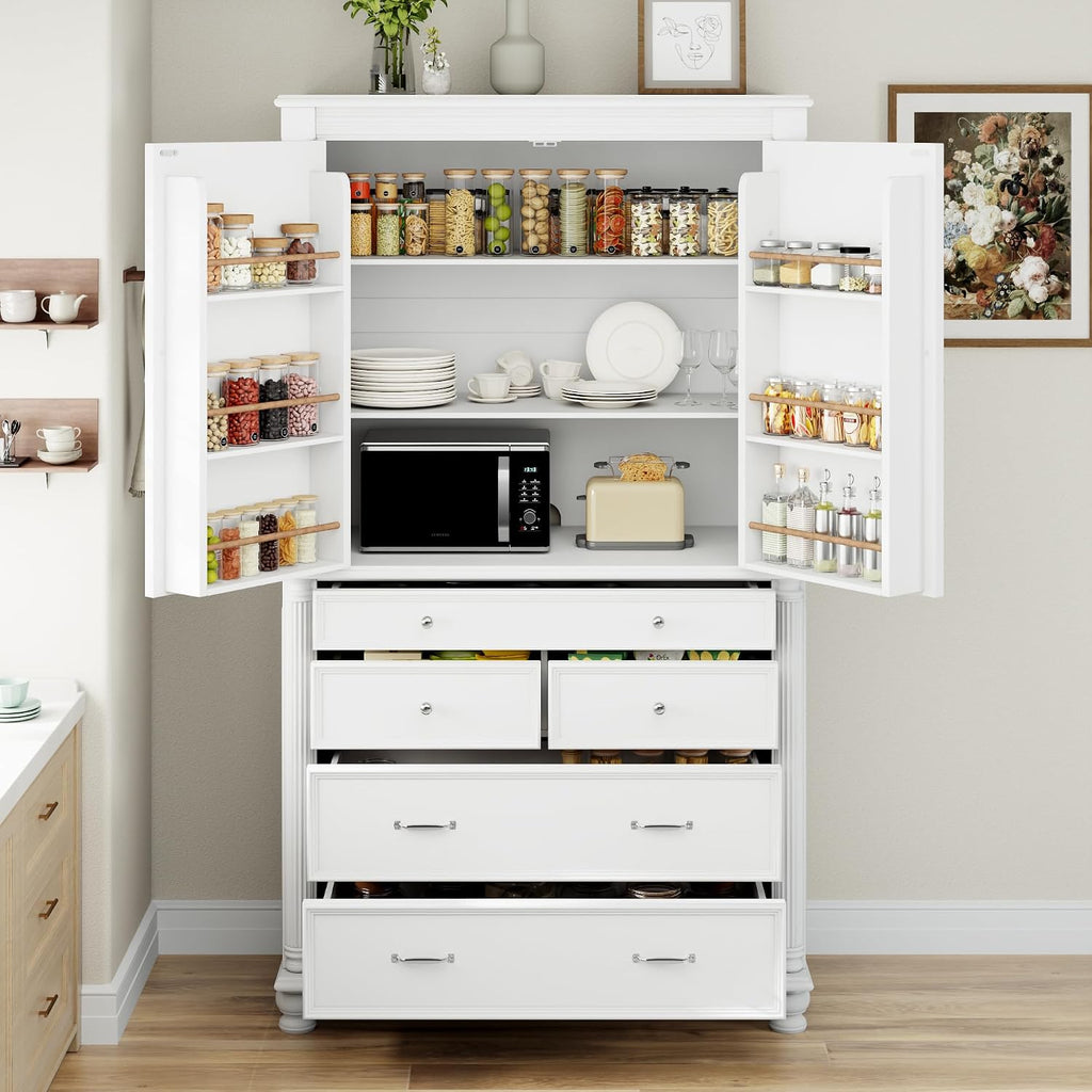 LUMISOL 77" Kitchen Pantry Cabinet with Storage, Storage Cabinet with 5 Drawers and 6 Door Shelves,Pantry Cabinet with Microwave Shelf and Adjustable Shelf, Freestanding Cupboard for Kitchen, White