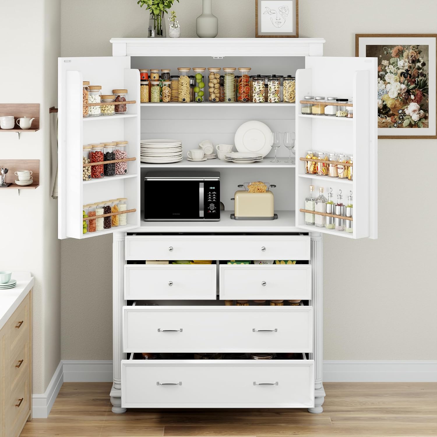 Freestanding Large Kitchen Pantry Cabinet 43.3" Wide, 77.3" Tall Farmhouse Storage Cupboard with 5 Drawers, 6 Door Shelves & Adjustable Shelves for Kitchen Dining Room Organization(White)