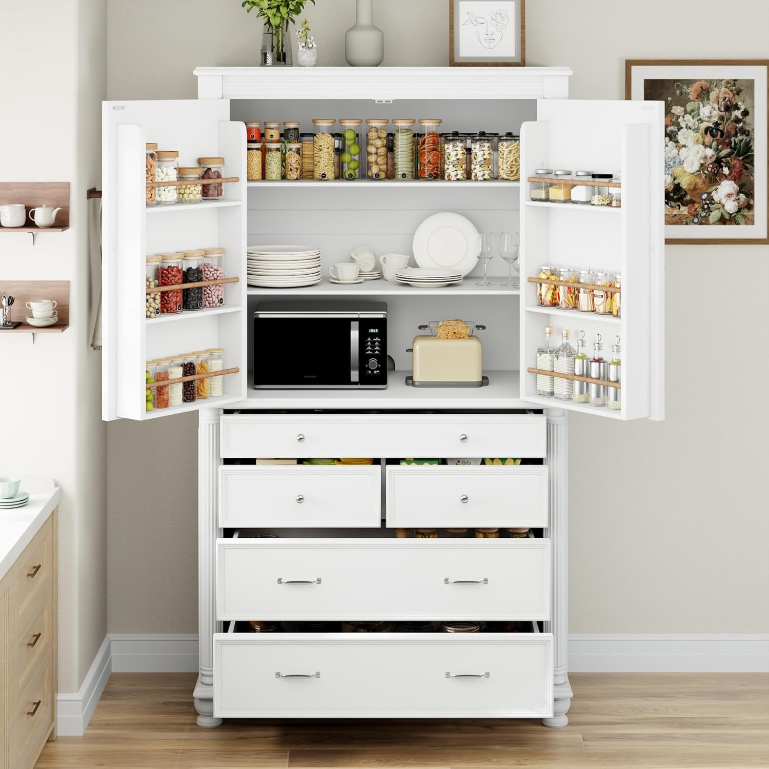 Freestanding Large Kitchen Pantry,Tall Storage Cabinet Cupboard with 6 Door Shelves, 2 Adjustable Shelves and 5 Drawers,for Dining Room (White-W)