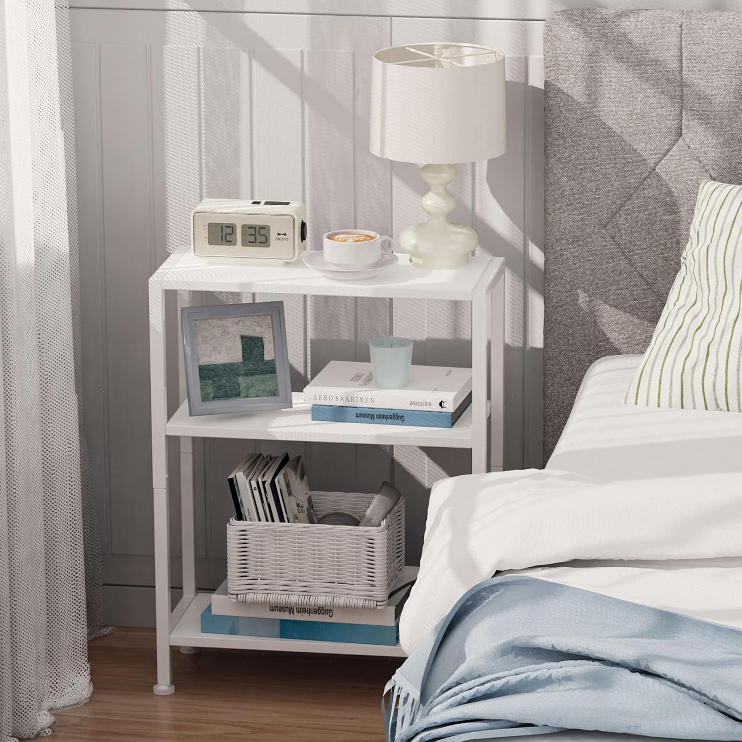 3-Tier Side Table Set of 2, Small End Table, Sofa Side Table for Narrow Spaces, Slim End Table, Nightstand Table, for Living Room Bedroom Office, White