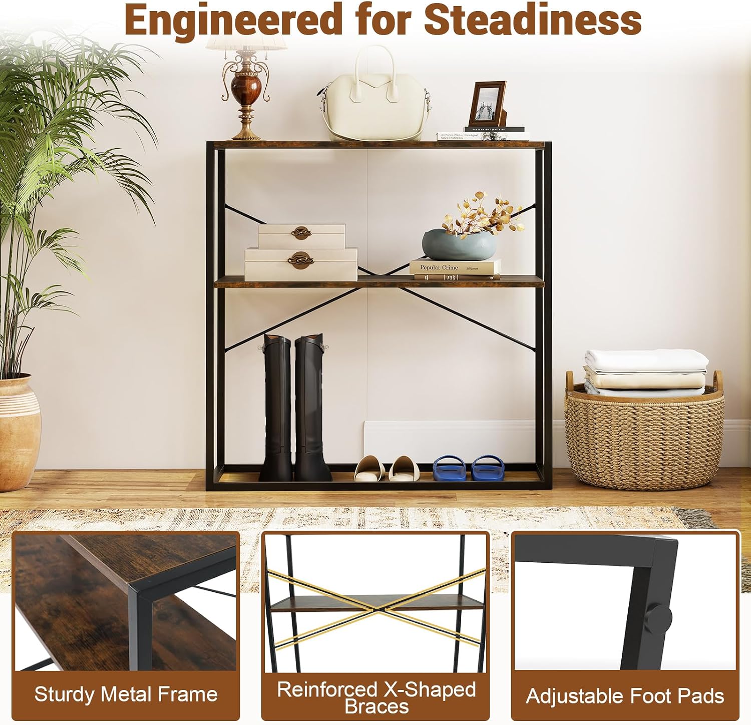 Giantex 36" Narrow Console Table, 2-Tier Entryway Tables with Wood Grain Top & Heavy-Duty Metal Frame, Behind Couch Table, Rustic Sofa Tables with Open Storage Shelves for Entrance, Living Room, Foyer