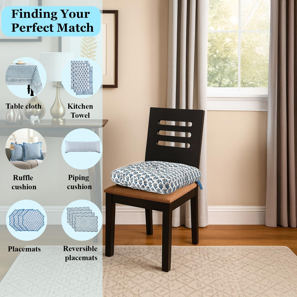 CPC Apatite Blue Hand Block Printed Cotton Chair Cushions Set of 2,Reversible Outdoor/Indoor Chair Pads for Kitchen, Dining Room, Office, Patio Chairs, 16"x15"x4"