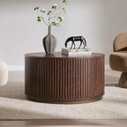 JXQTLINGMU 33" Round Coffee Table with Storage, Fluted Drum Coffee Table, Hidden Push-to-Open Drawer, Natural Walnut