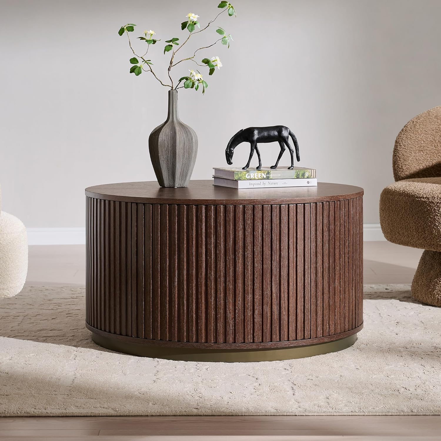 JXQTLINGMU 33" Round Coffee Table with Storage, Fluted Drum Coffee Table, Hidden Push-to-Open Drawer, Natural Walnut