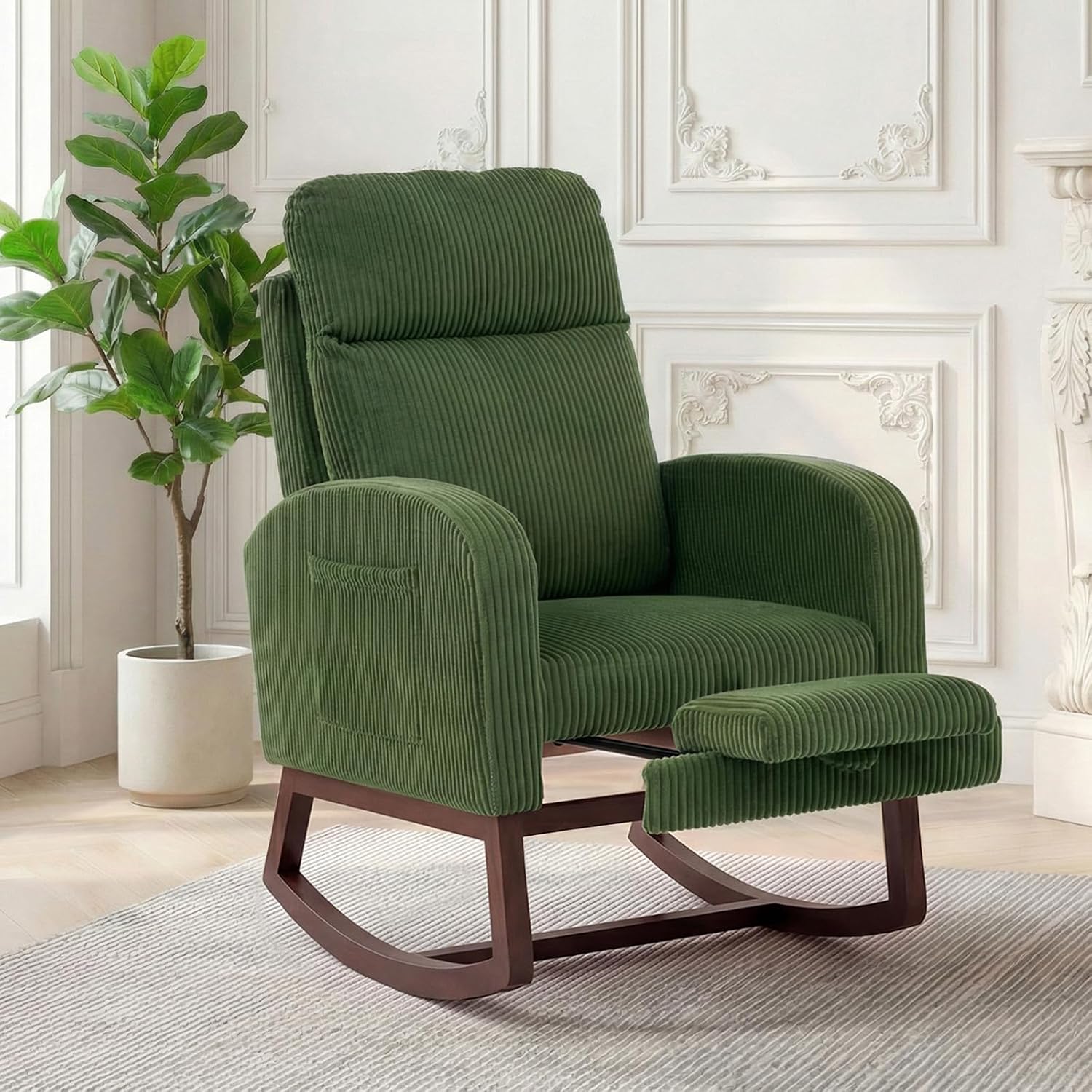 GarveeLife Nursery Rocking Chair,300lb Glider Chair with Solid Wood Legs/Two Side Pockets,Corduroy Upholstered Glider Rocker with Footrest High Backrest for Living Room/Bedroom/Nursery