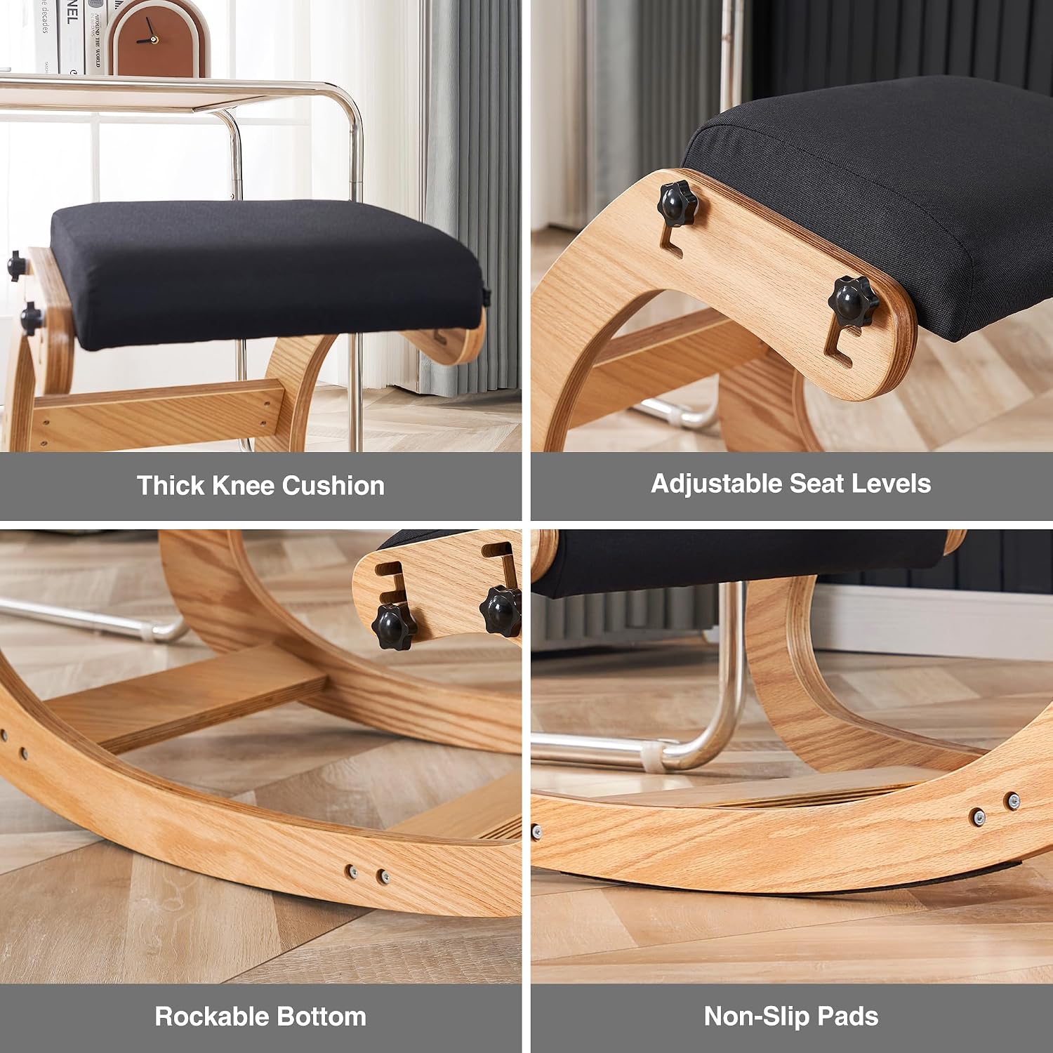 Ergonomic Kneeling Chair, Adjustable Rocking Office Chair Wooden Knee Chair Posture Chair for Home Office Back Pain Relief, Black