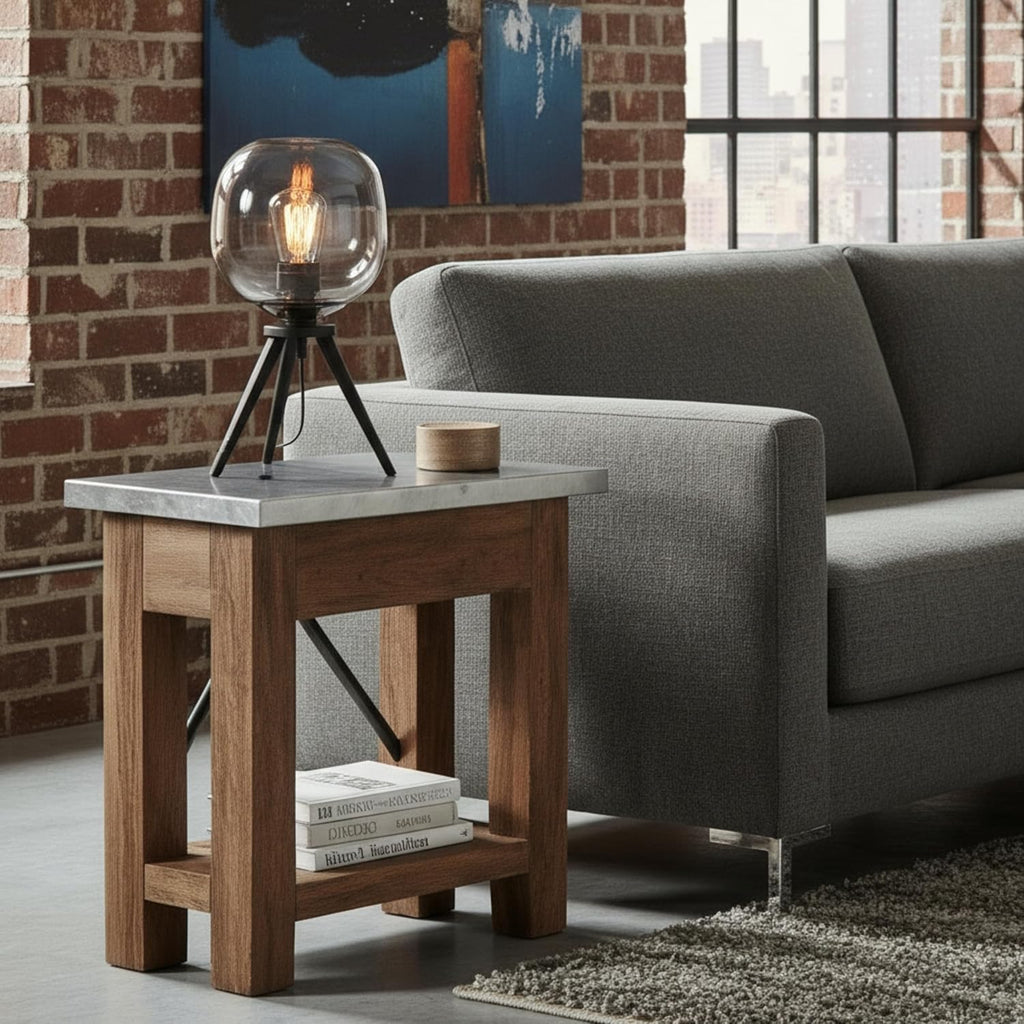 Millwork End Table with Steel Top – Rustic Industrial Narrow Side Table with Lower Shelf and Crossbar Accent – Small Space Accent Table for Living Room, Bedroom, Office by Alaterre Furniture