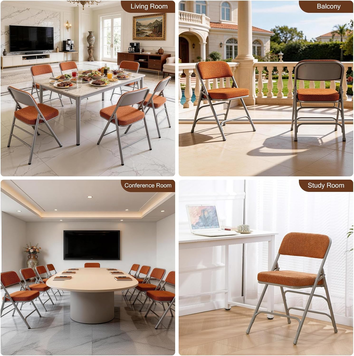 BOOSDEN Thick Padded Folding Chairs, Single Upholstered Foldable Chair, Comfortable Metal Chairs, Folding Chair with Fabric Cushion, Stackable Fold Up Chair for Kitchen Office Wedding Party (Tawny)