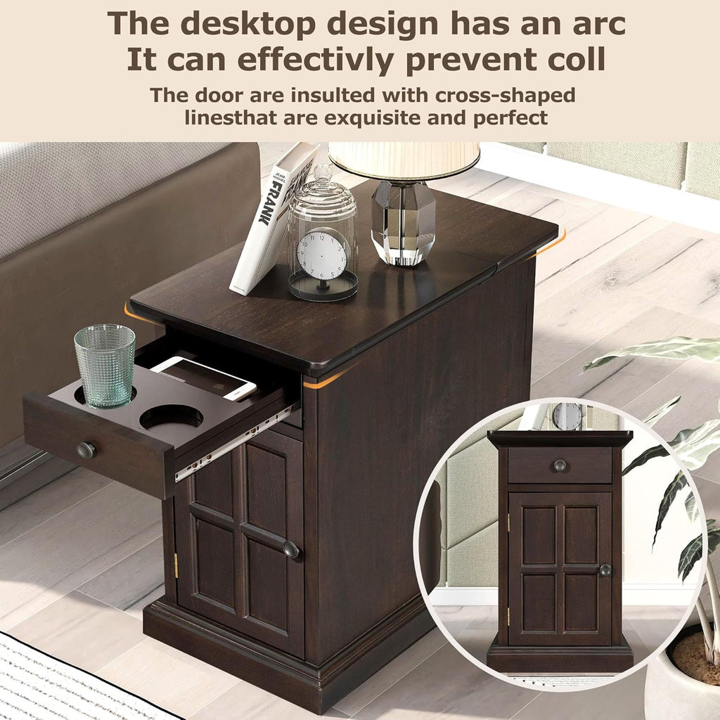 Traditional Wood End Table with Charging Station, Modern Vintage Sofa Chair Side Table Nightstand with Storage & Drawer for Living Room Bedroom, No Assembly, Antique Espresso