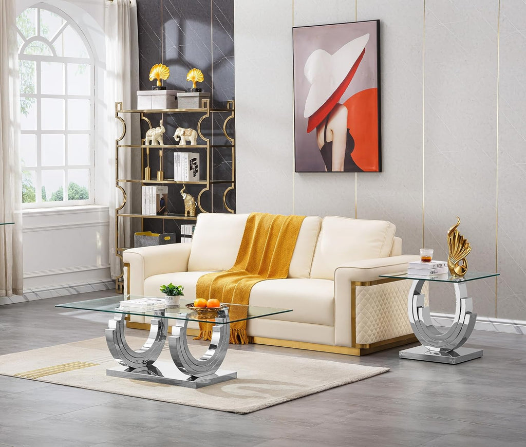 Luxury Silver Glass End Table Modern Square Sofa Side Table with Mirrored Stainless Steel Base and Clear Glass Top for Living Room Home Office Bedroom Table (Silver)