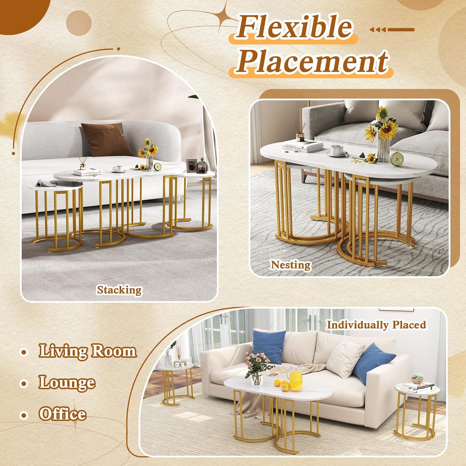 Giantex Nesting Coffee Table Set of 3, Stacking Side Tables with Faux Marble Tabletop & Gold Metal Frame, Oval Coffee Table & 2 Round End Tables, 3-Piece Modern Living Room Table Set for Apartment